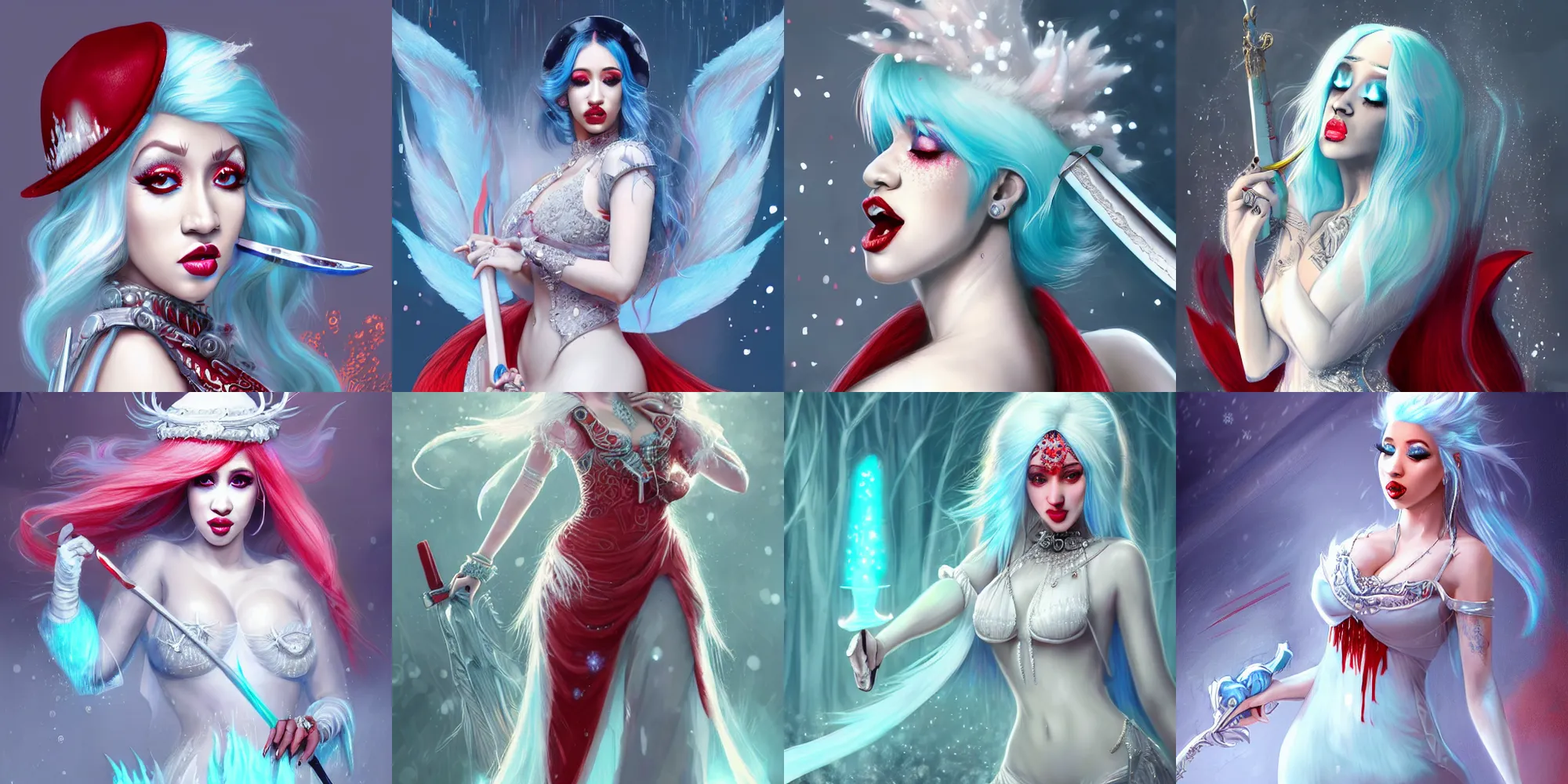 Prompt: beautiful female cardi b with light pastel blue hair, holding a dagger dripping in vibrant red blood, wearing a white silver dress with intricate beautiful design, very wide brimmed pointed white hat with small intricate details around edge, snow forest, snow, particles, misty, highly detailed, detailed illustration, art by wlop and guweiz, artstation, deviantart, medium shot