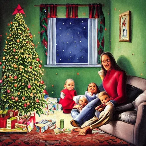 Prompt: “a Christmas card, realistic painting of a happy family, in the foreground there’s a mother with two children on her lap, a boy and a girl. They’re smiling at the camera. There’s a decorated green Christmas tree and a log fire burning in the background. On the sofa is a homeless man passed out drunk overdosed on ketamine.”