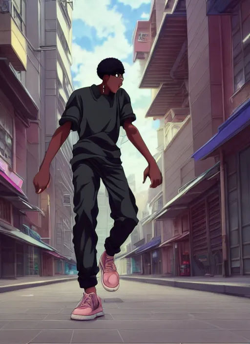 Image similar to handsome hip hop young black man walking down the street, joyful, anime style, scenery wallpaper aesthetic, pastel colors, symmetrical face, cinematic, dramatic, super detailed and intricate, hyper realistic, 4 k render, by artgerm, by kyoung hwan kim, by ralph mcquarrie, by yoshiyuki tomino