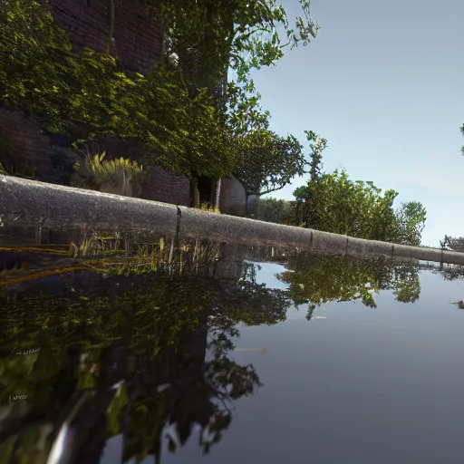 Image similar to puddle on the ground, unreal engine 5, raytracing, reflections seen in water, detailed photo