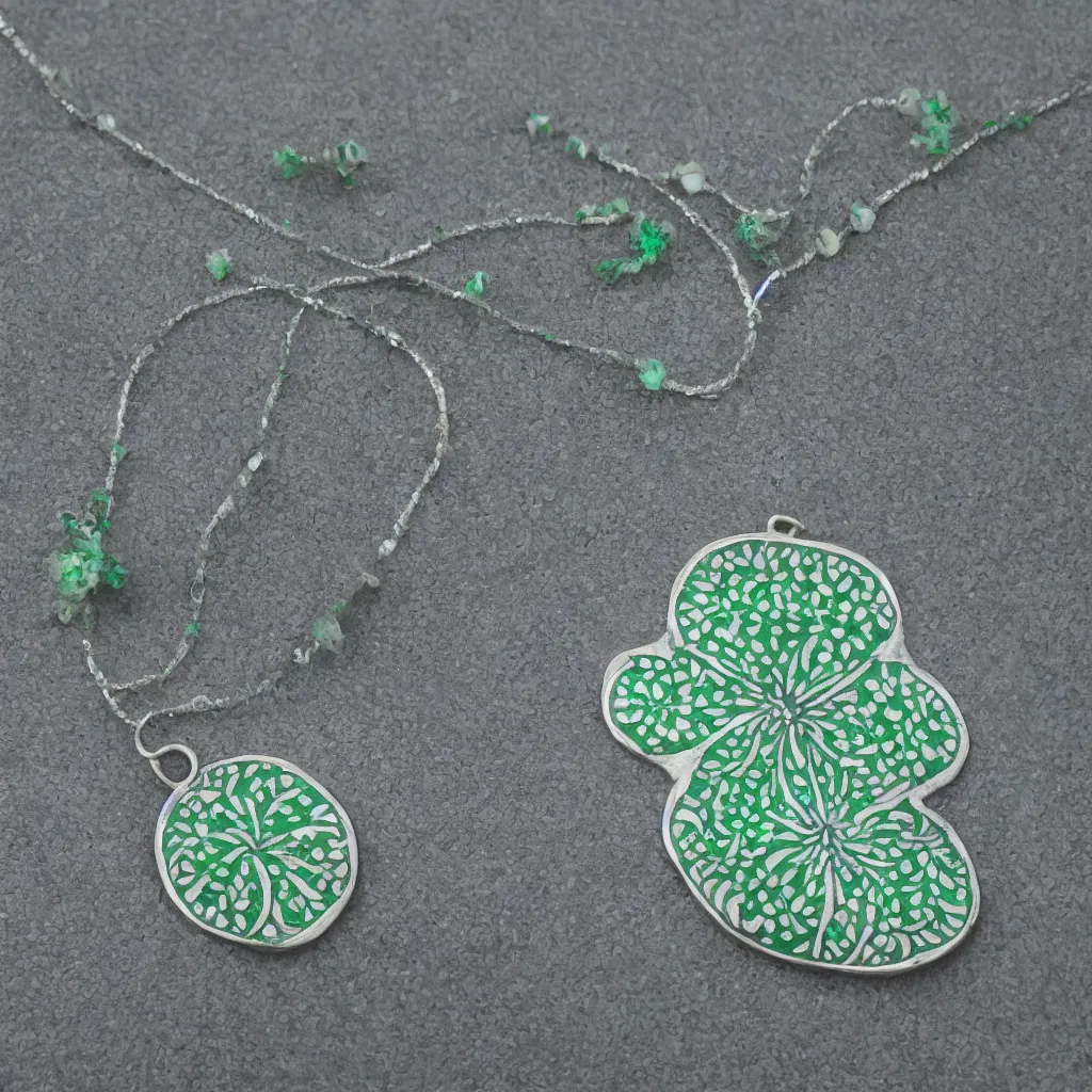 Image similar to Amulet Of Clover inlaid in silver light green colors, realistic, clean,