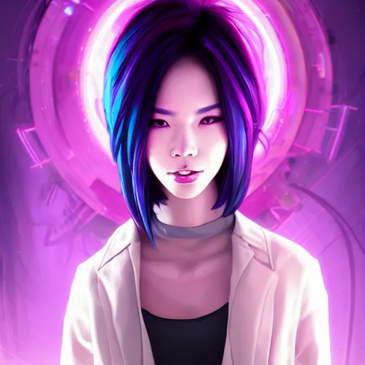 Prompt: a portrait of a young asian cyberpunk woman with purple hair, art by lois van baarle and loish and ross tran and rossdraws and sam yang and samdoesarts and artgerm and saruei and disney, digital art, highly detailed, intricate, sharp focus, trending on artstation hq, deviantart, unreal engine 5, 4 k uhd image