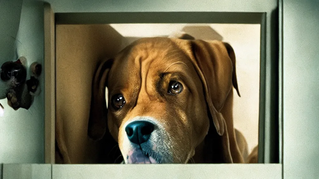 Prompt: giant dog in the cupboard, film still from the movie directed by Denis Villeneuve with art direction by Salvador Dalí, wide lens