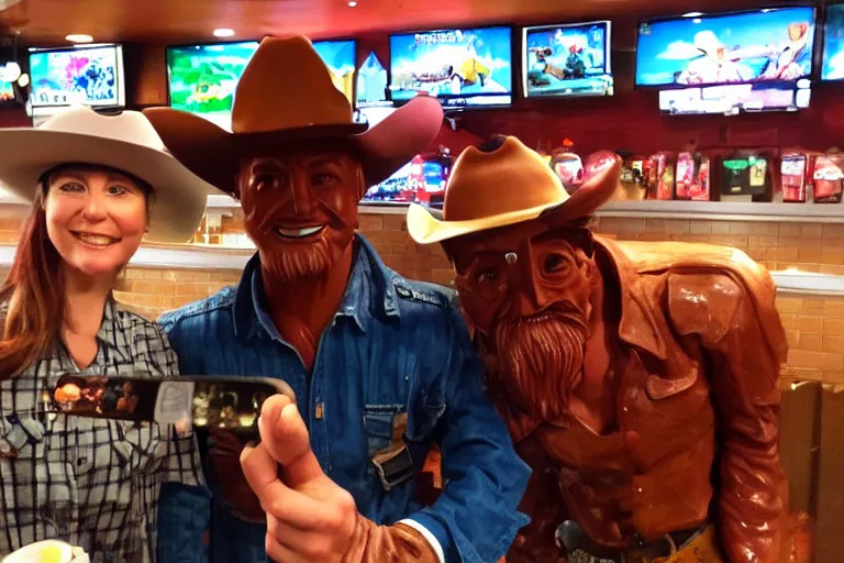 Image similar to taking a selfie with a plastic cowboy at an applebee's, cell phone photo