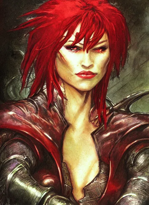 Image similar to portrait of strong female rogue, beautiful! coherent! dungeons and dragons character, by brian froud, strong line, night color, leather armor, short red hair, high contrast