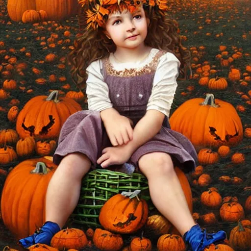 Image similar to a cute little girl with light brown wavy curly hair and blue eyes sitting amidst piles of pumpkins. beautiful cute highly detailed face. she is wearing a crown of autumn leaves. autumn and fall and halloween themed painting by artgerm and greg rutkowski and alphonse mucha.