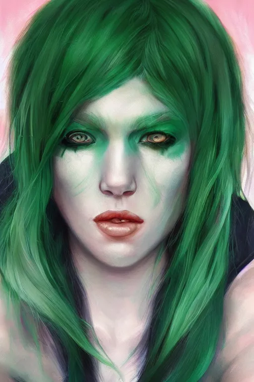 Prompt: a schizophrenic woman with green hair wearing a cool shirt, by ross tran, oil on canvas