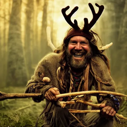 Image similar to hippie tribal hobo wearing twigs and leaves smiling sheepishly, riding tiny scuffy donkey with novelty oversized antlers, autumn forest, highly detailed, dramatic lighting, night time, cinematic, hyperrealistic, detailed, movie still from game of thrones