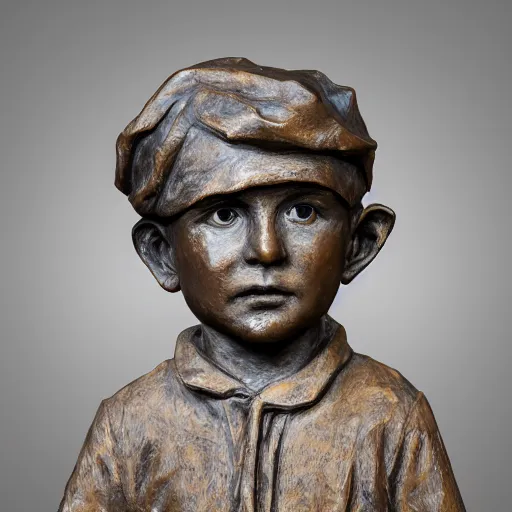 Image similar to high resolution photograph of a bronze cast sculpture of a sad peasant boy in the style of edmund kalb