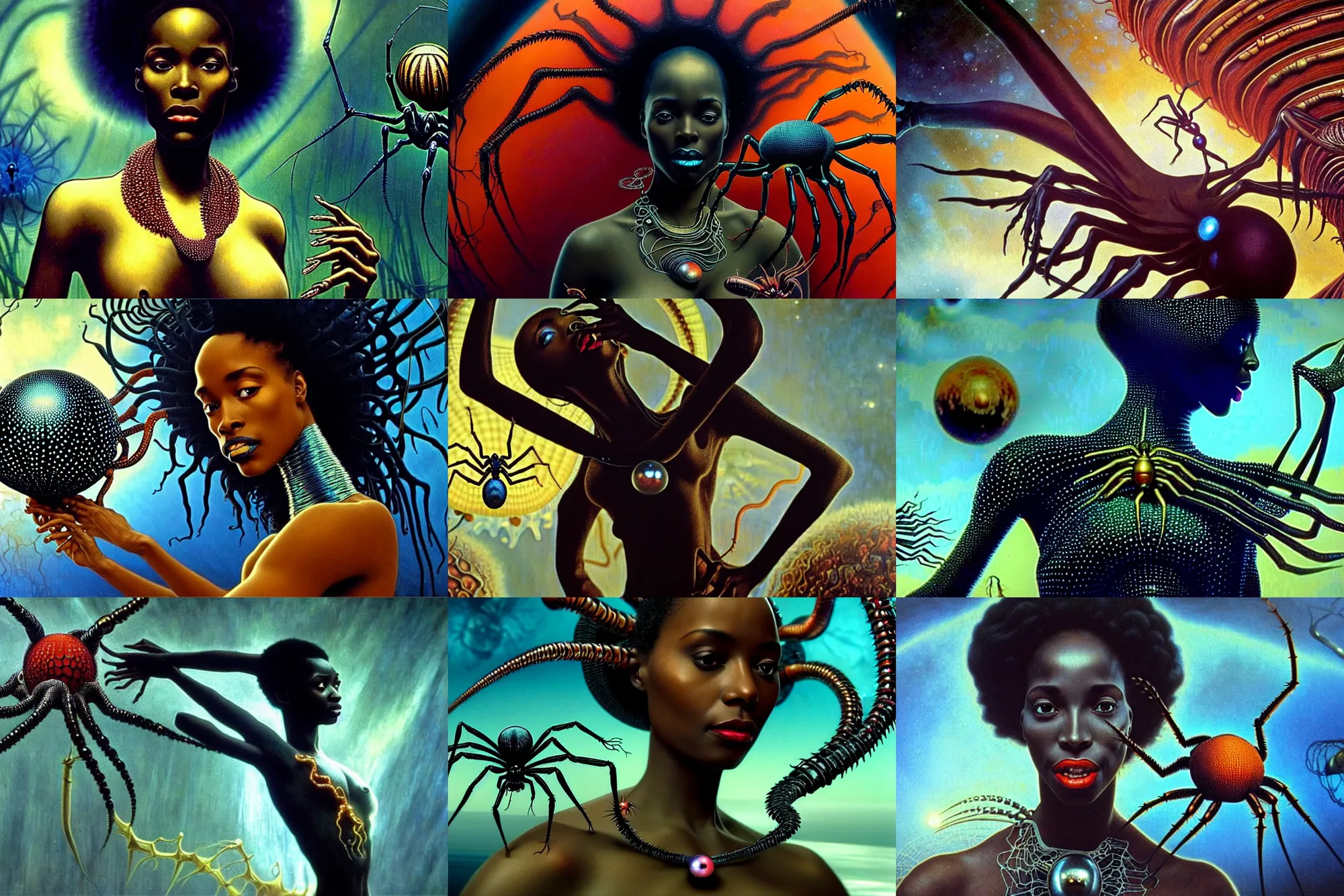 Prompt: realistic detailed closeup portrait movie shot of a beautiful black woman dancing with a giant spider, futuristic sci fi landscape background by denis villeneuve, jean deville, amano, yves tanguy, ernst haeckel, alphonse mucha, max ernst, caravaggio, roger dean, sci - fi necklace, fashion, masterpiece, rich moody colours