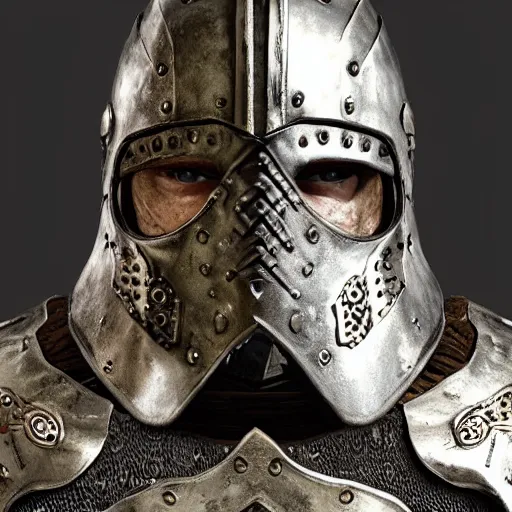 Image similar to hyper realistic photography of a skyrim medieval warrior wearing a heavy steel armor portrait