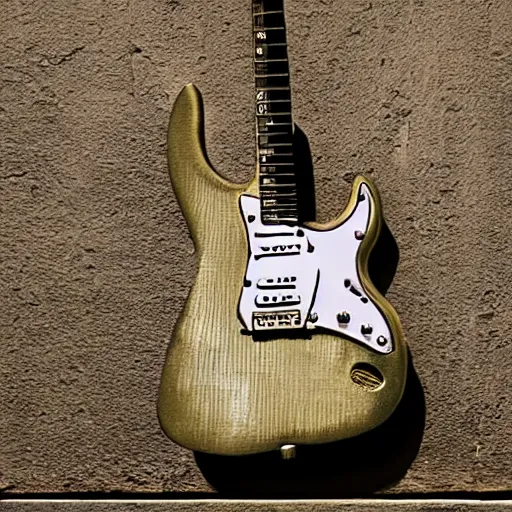 Prompt: an electric guitar hanging on a wooden wall, a stipple by David Gilmour Blythe, reddit contest winner, superflat, made of liquid metal, made of wire, made of plastic