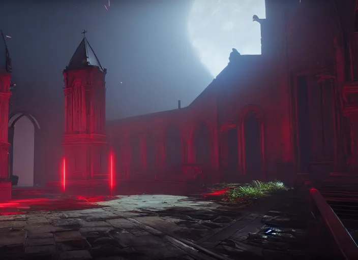 Prompt: ancient church with red shafts of light in destiny 2, foggy, liminal, dark, dystopian, beautiful architecture, abandoned, highly detailed 4 k 6 0 fps in - game destiny 2 gameplay screenshot leak