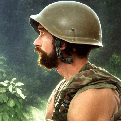 Image similar to an extremely detailed matte painting of a ridiculously good looking mimi mathy that looks like a jewish gigachad in the vietnam war, wearing a ballistic helmet from patton, long curly hair, camouflaged gear, very detailed, jungles of vietnam beautiful, intricate, cinematic, artstation, william bouguereau, alphonse mucha, greg rutkowski, stanley kubrick, octane render