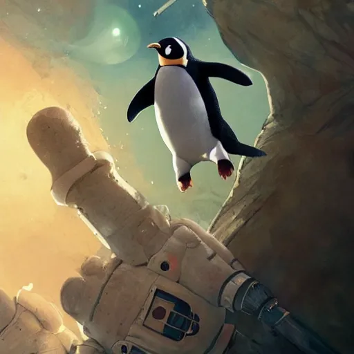 Image similar to penguin in an astronaut suit, floating in space, movie by nuri iyem, james gurney, james jean, greg rutkowski, anato finnstark. pixar. hyper detailed, 5 0 mm, award winning photography