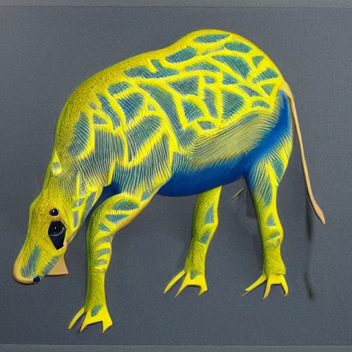 Image similar to monstrous tapir by Mike Savad. Dark, yellow green and blue, sharp, intricate, highly detailed