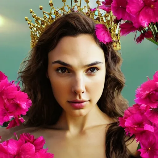 Image similar to fine art photo of the beauty gal gadot, she is posing while maintain a sweet eye contact to the camera, she has a crown of flowers, the photo was taken at sunset with a bokeh effect, by iris van herpen, photorealistic, matte painting, hyper realistic, 4 k, 8 k, cinematic composition, hd, highly detailed, trending on artstation