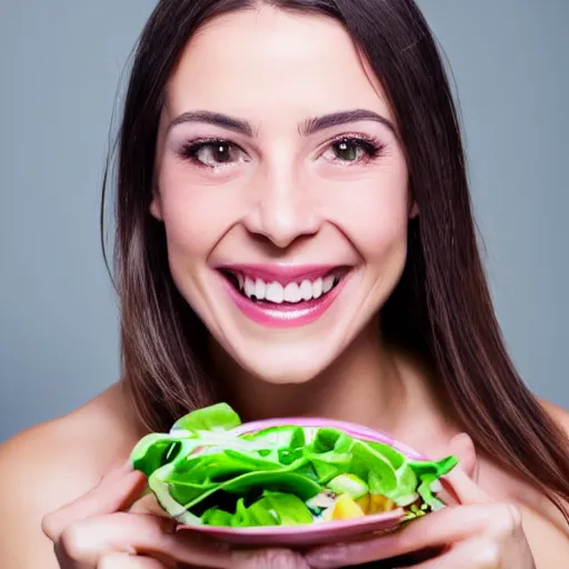 Image similar to close up headshot of a happy woman eating salad, stock photograph, studio lighting, 4k, beautiful symmetric face, beautiful gazing eyes