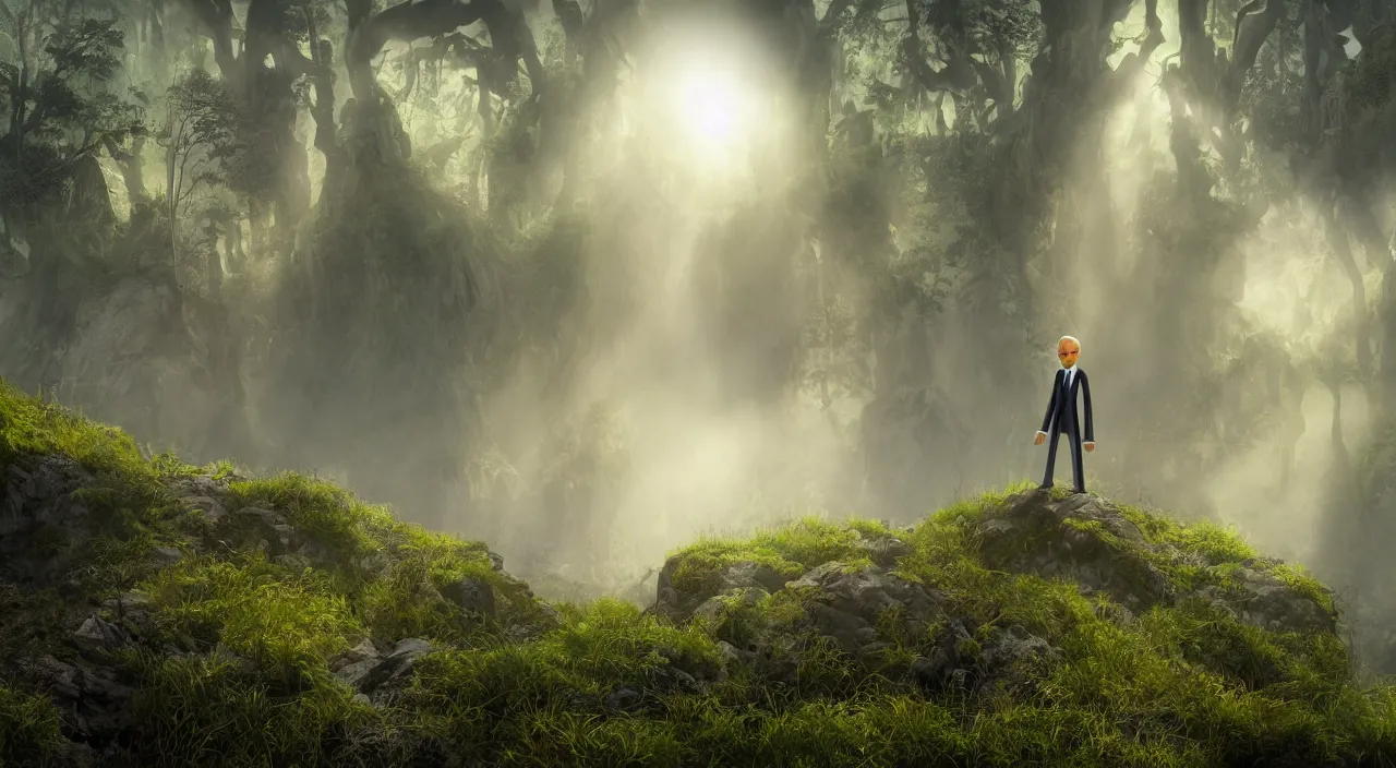 Image similar to photorealistic matte painting of mr burns of the simpsons standing far in misty overgrowth undergrowth jagged rock features volumetric fog light rays high contrast dawn