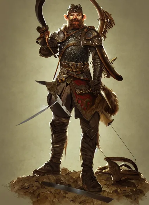 Image similar to strong young man, photorealistic bugbear ranger holding sword, fire magic, black beard, dungeons and dragons, pathfinder, roleplaying game art, hunters gear, jeweled ornate leather and steel armour, concept art, character design on white background, by sargent, norman rockwell, makoto shinkai, kim jung giu, artstation trending, poster art, colours red and green