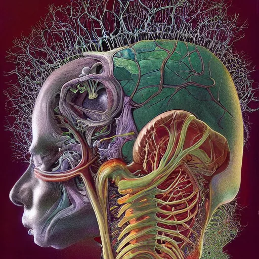 Image similar to nightmare etherreal iridescent vascular nerve bundles pearlescent spinal chord horror by Naoto Hattori, Zdzislaw, Norman Rockwell, Studio Ghibli, Anatomical cutaway