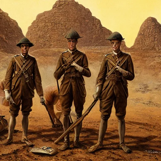 Image similar to ultra detailed photorealistic sepia - toned painting from 1 9 1 7, three british soldiers standing at an archaeological dig site in wadi rum, ultra realistic, painted, intricate details, lovecraft, atmospheric, dark, horror, brooding, highly detailed, by dave dorman