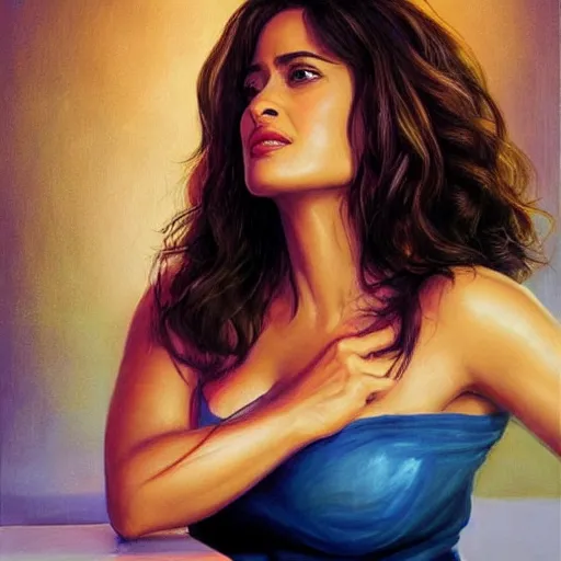 Prompt: salma hayek in a bar, perfect eyes looking at the camera, beautiful face, real life colors, elegant, sharp focus, hyper - realistic, 4 k, highly detailed, hd, dramatic lighting by brom