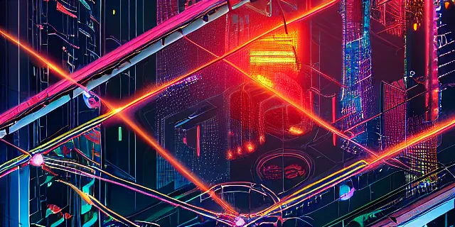 Image similar to glowing chains of interconnected network of technological cubes floating in the middle of a cyberpunk tokyo 2 0 9 9 city, in the art style of dan mumford and marc simonetii, atmospheric lighting, intricate, volumetric lighting, beautiful, sharp focus, ultra detailed