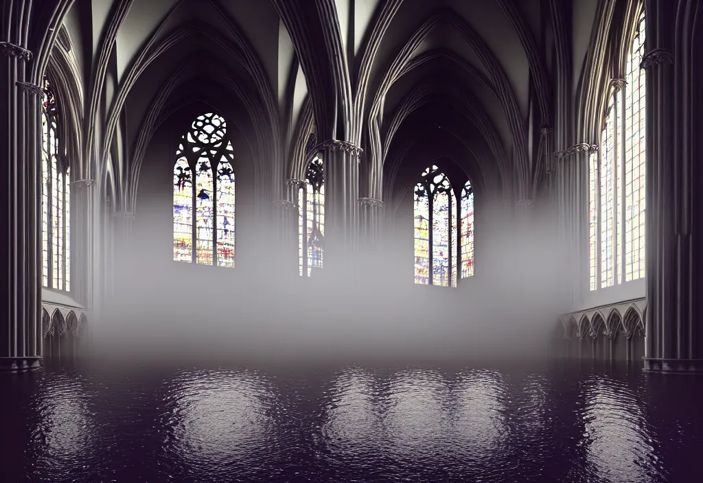 Prompt: kodak portra 4 0 0 photographic and realistic, interior of a gothic cathedral, detailed, octane render, unreal engine 5, 8 k, artstation, hyper realistic, wide angle, floor flooded how a lake, hole objects that float, 3 5 mm, sharp focus, soft light, epic volumetric light fog, in the style of gregory crewdson