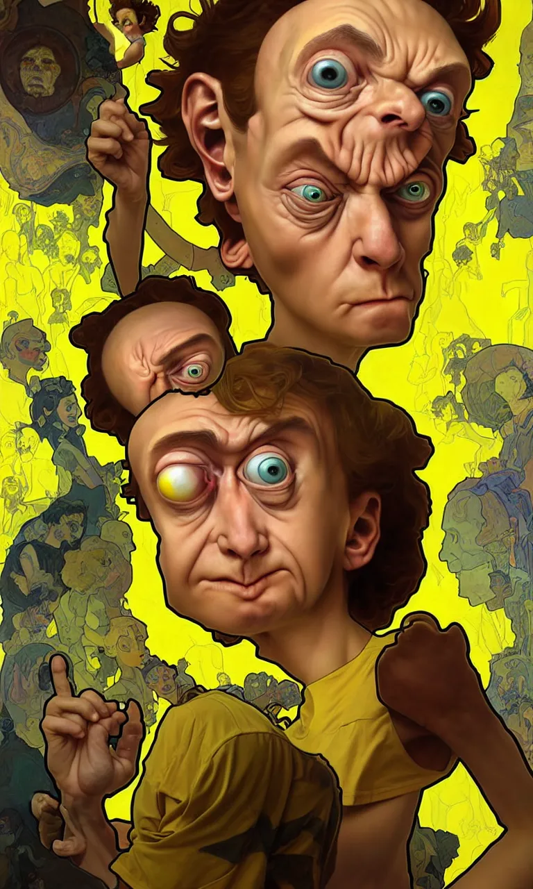 Image similar to hyper realistic grotesque portrait of an young dumb roundheaded morty, from rick and morty, worried, yellow t - shirt, portal in the background, by lee bermejo, alphonse mucha and greg rutkowski