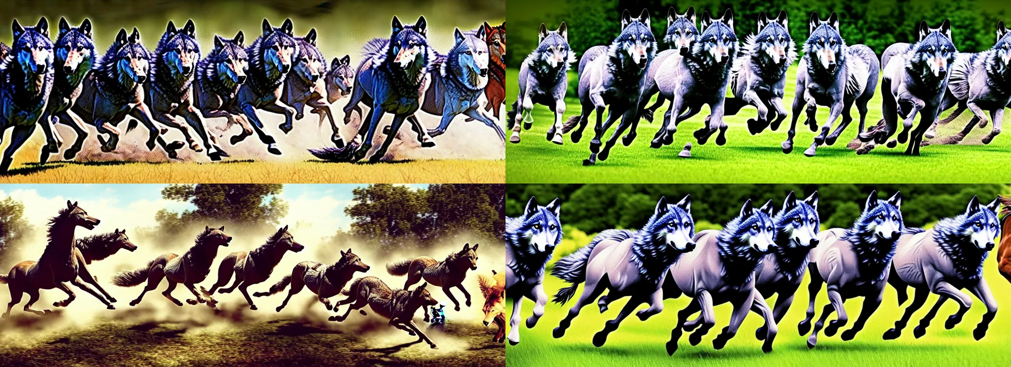 Prompt: a running horse being attacked by wolves that are by cats