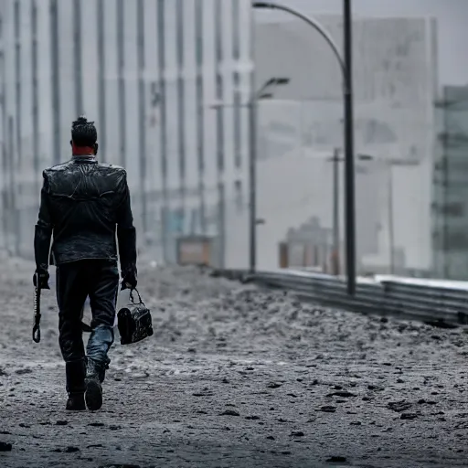 Image similar to dark picture of a t 8 0 0 walking on a desolate city, 8 k, uhd, sharp focus, 2 0 0 mm