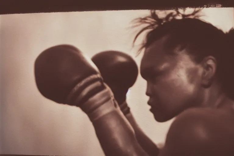 Image similar to close up portrait of women boxing moment of knock out with brews blood sweating, photography photojournalism, very grainy image, 50mm lens, close up portrait polaroid