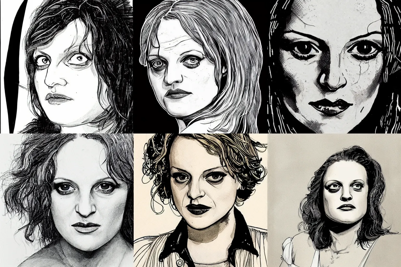 Prompt: elizabeth moss by sergio toppi