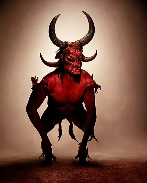 Image similar to tim curry in full makeup as darkness, the goat legged water buffalo horned red devil in ridley scott's movie legend. studio lighting, photoshoot in the style of annie leibovitz, atmospheric smoke