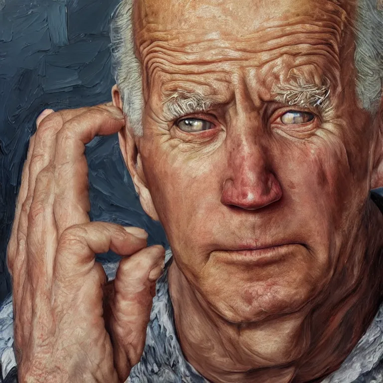 Image similar to hyperrealistic close up studio portrait of aging old Joe Biden age 103 wrinkled sad, oil painting by Ivan Albright and Lucian Freud and Ron Mueck, trending on artstation Studio lighting hyperrealism