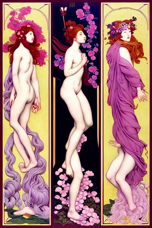 Image similar to 3 Spring Deities, (one representing each month of March, April, and May), in a style blending Æon Flux, Peter Chung, Shepard Fairey, Botticelli, Ivan Bolivian, and John Singer Sargent, inspired by pre-raphaelite paintings, shoujo manga, and cool Japanese street fashion, dramatically blossoming flora and fauna, pastel dynamic colors, hyper detailed, super fine inking lines, ethereal atmosphere, sfumato, 4K extremely photorealistic, Arnold render