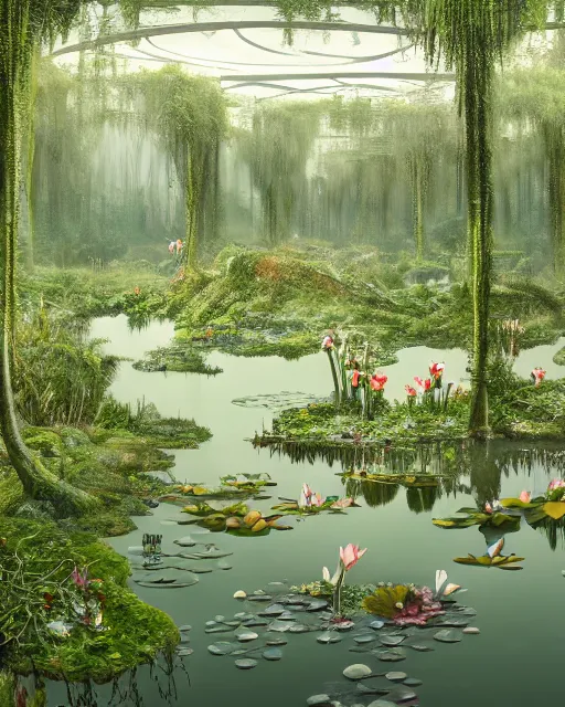 Image similar to Overgrown ballroom, flooded with swamp water, full of plants and lily pads, immaculate scale, matte painting, digital art, trending on Artstation, hyper-realistic, detailed, ultra detailed