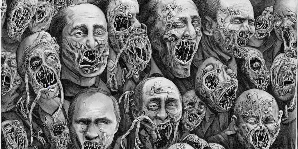 Image similar to vladimir putin's face is eaten by worms, in the background an army of zombies with their mouths sewn shut with wire in the shape of the letter z, drawn in the style of ralph mcquarrie, photorealistic, hyperdetailed