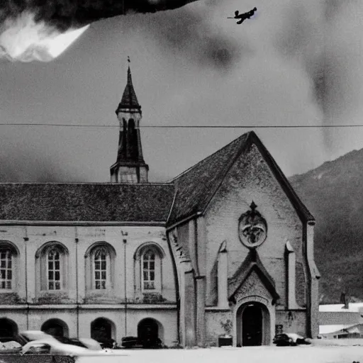Image similar to the church of moigny sur ecole is being attacked by godzilla