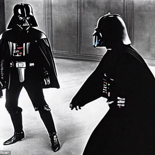 Image similar to Fight between Luke and Darth Vader in the silent movie version of Star Wars (1921) by Fritz Lang, in front of a set reminiscent of Metropolis