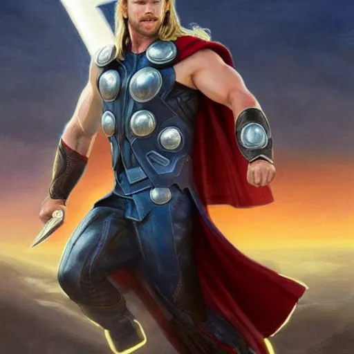 Image similar to Chris Hemsworth as Thor surfing, highly detailed, digital painting, artstation, concept art, sharp focus, illustration, cinematic lighting, art by artgerm and greg rutkowski and alphonse mucha