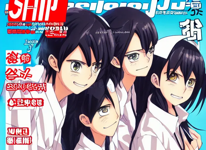 Prompt: ;Weekly Shonen Jump Issue 14, cover, 2010'anime illustration japanese very very beautiful cute girls doing cute things trending on artstation pixiv makoto shinkai smiling super detailed eyes eyebrowless symmetry face visual novel hairpin star