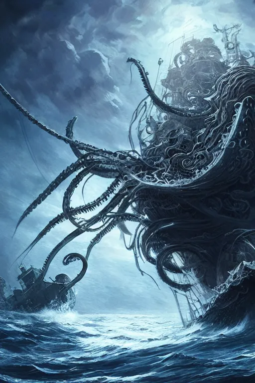 Prompt: A stunning photo of the Kraken attacking a ship at sea, hyperdetailed, mythology, Trending on artstation