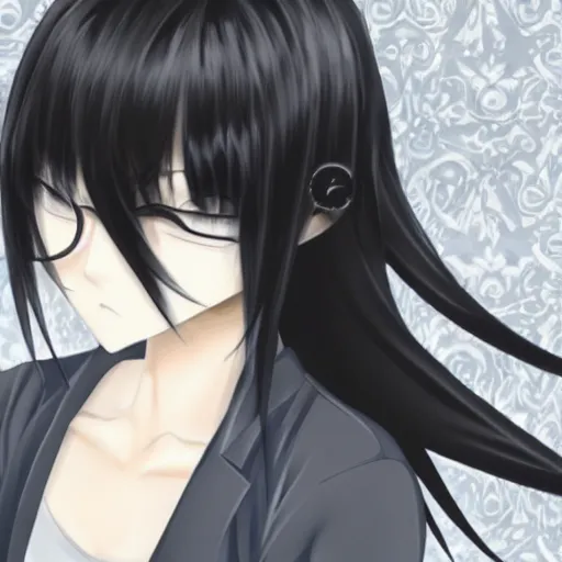 Prompt: girl with black hair, eyeless, no eyes, long bangs over face, anime style