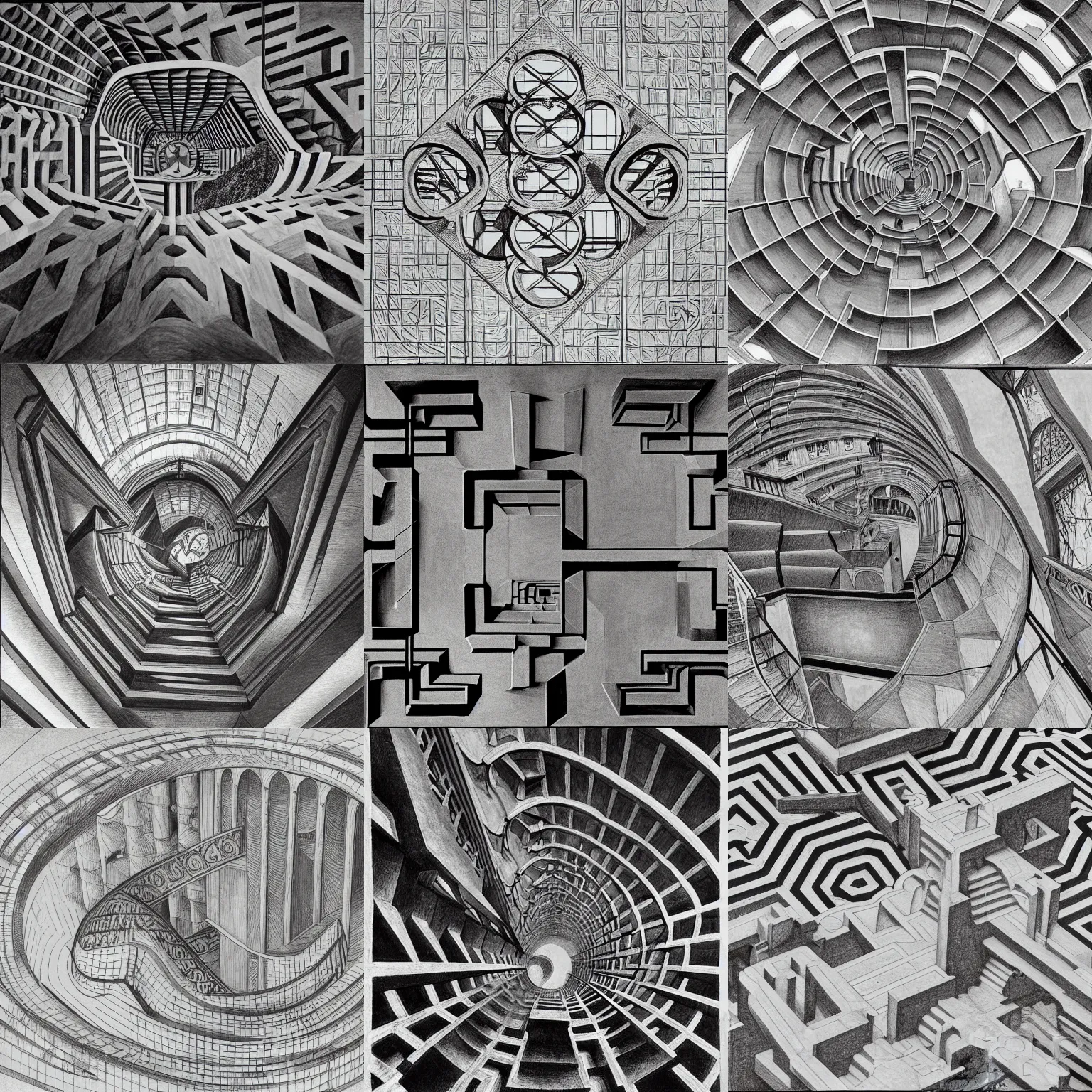 Prompt: m. c. escher drawing of a marble labyrinth, piranesi, fine art photograph, architectural detail editorial photo