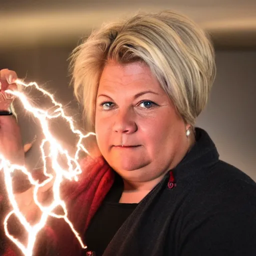 Prompt: Erna Solberg powering Norwegian village by shooting lightning out of her hands, glowing eyes