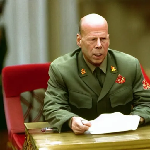 Image similar to Bruce Willis as Mao Zedong, leader of China. He is dressed like a military dictator, and is in a conference with Soviet Leaders in Siberia.