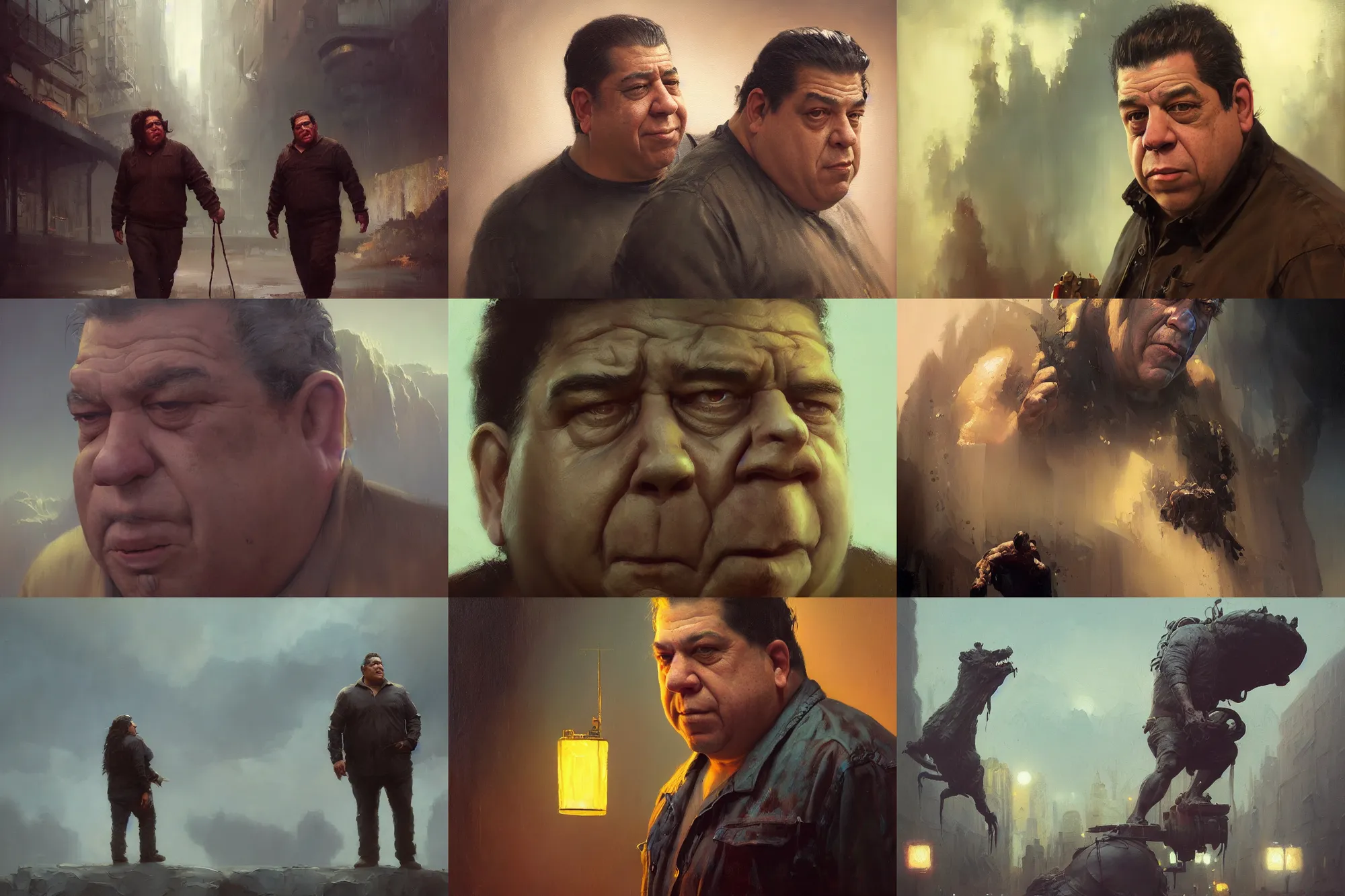 Prompt: an oil painting of uncle joey diaz, ultra realistic, highly detailed, masterpiece, cinematic by greg rutkowski, frank frazetta, beeple, christian macnevin, beeple, wlop, krenz cushart, epic fantasy character art, volumetric lighting, cgsociety