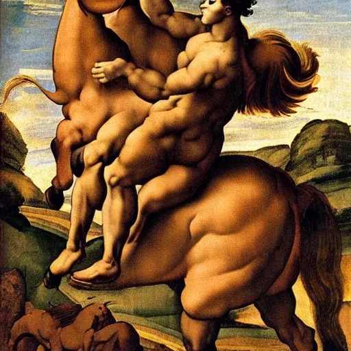 Image similar to a beautiful young centaur, painted by michelangelo